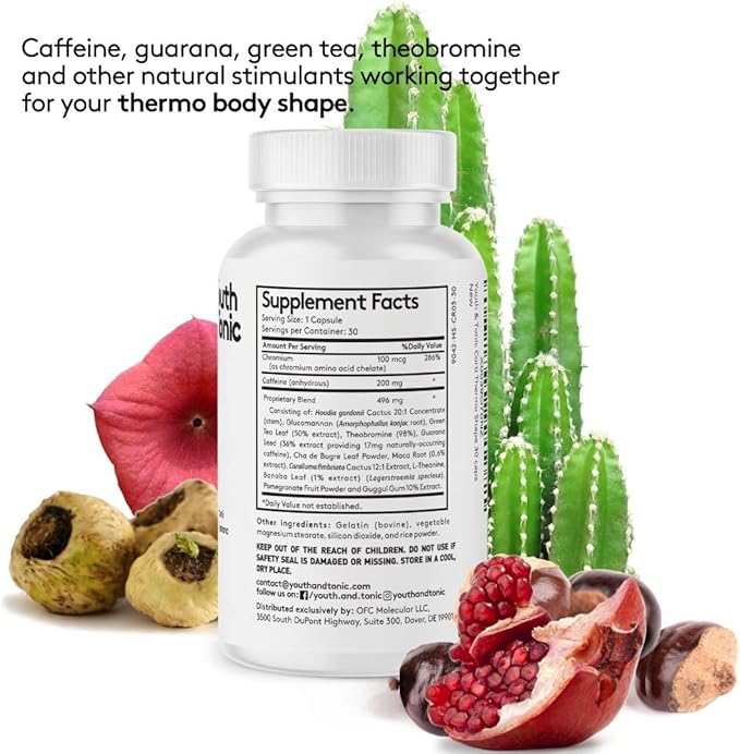 Youth & Tonic Thermogenic Supplement 30 Capsules as Advanced Diet Support for Energy Metabolism Focus for Men and Women with Caffeine Chromium Glucomannan Guarana Hoodia Gordonii