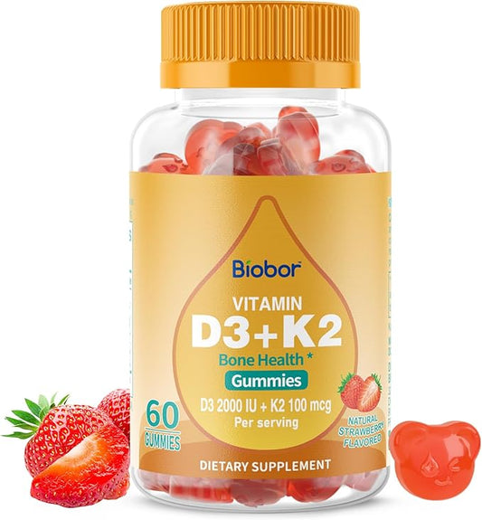 Natural Vitamin D3 K2 Gummies, 2000 IU Vitamin D3 & 100 mcg Vitamin K2,Supports Healthy Bone, Immune Health Supplement, GMO Free, Gluten Free (Strawberry Flavor, 60 Count)