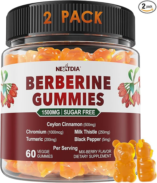 2 Pack - Berberine Gummies 1500mg Sugar Free, Organic Berberine Supplement w/Ceylon Cinnamon, Chromium, Turmeric, Milk Thistle for Metabolism, Berberine HCl from Indian Barberry Extract, Vegan