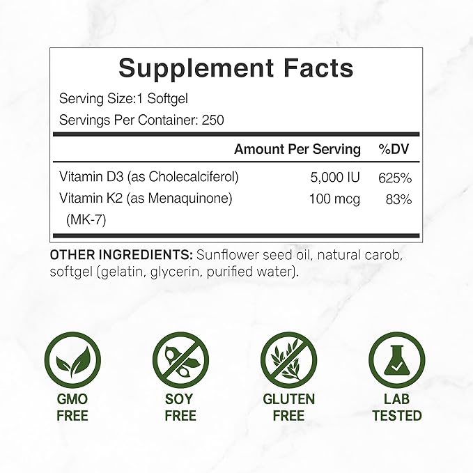 DEAL SUPPLEMENT 2 Pack Vitamin D3 K2 Softgel, 250 Count, 2-1 Complex, Vitamin D3 5000 IU & Vitamin K2 MK7, Promotes Heart, Bone & Teeth Health – Very Easy to Swallow