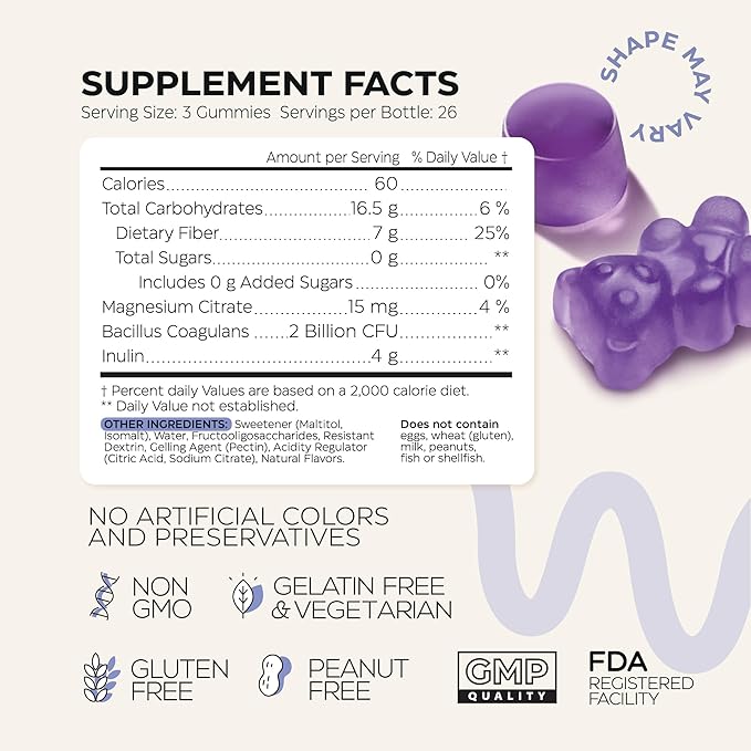 High Prebiotic Fiber Gummies for Women and Men 7G per Serving - Fiber Gummy Supplement for Digestive Support - Fiber Chews with Magnesium Citrate, Inulin, Probiotic - No GMO, Sugar Free - 160 pcs