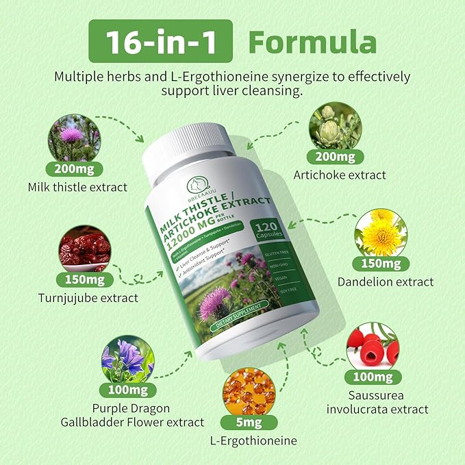 Liver Cleanse Detox & Repair Formula, 16-in-1 Herbal Liver Support Supplement with L-Ergothioneine, Milk Thistle, Artichoke, Turnjujube Dandelion Extract for Liver & Antioxidant 120 Capsules
