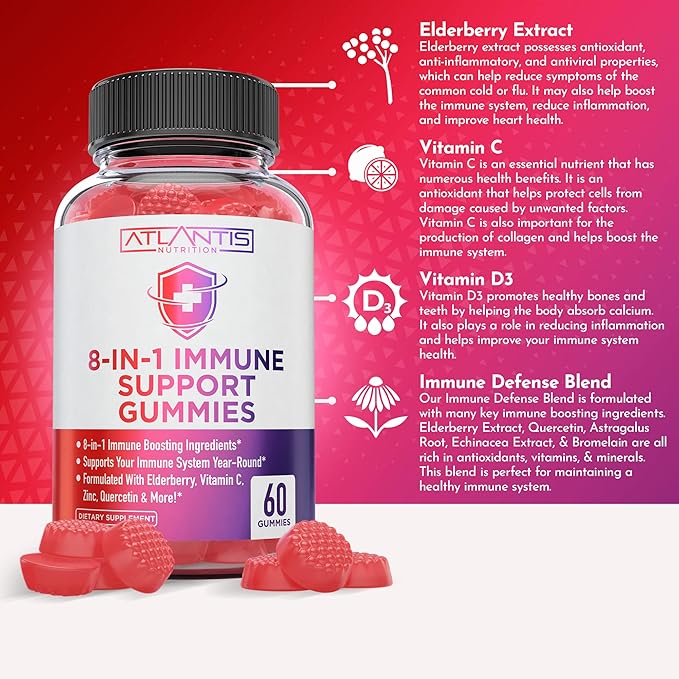8-In-1 Immune Support Gummies w/ Elderberry - Immune Support Supplement Mix of Elderberry, Quercetin, Zinc & Vitamin C Gummies - Immune Boosters for Adults & Kids, Elderberry Gummies, Immunity Gummies