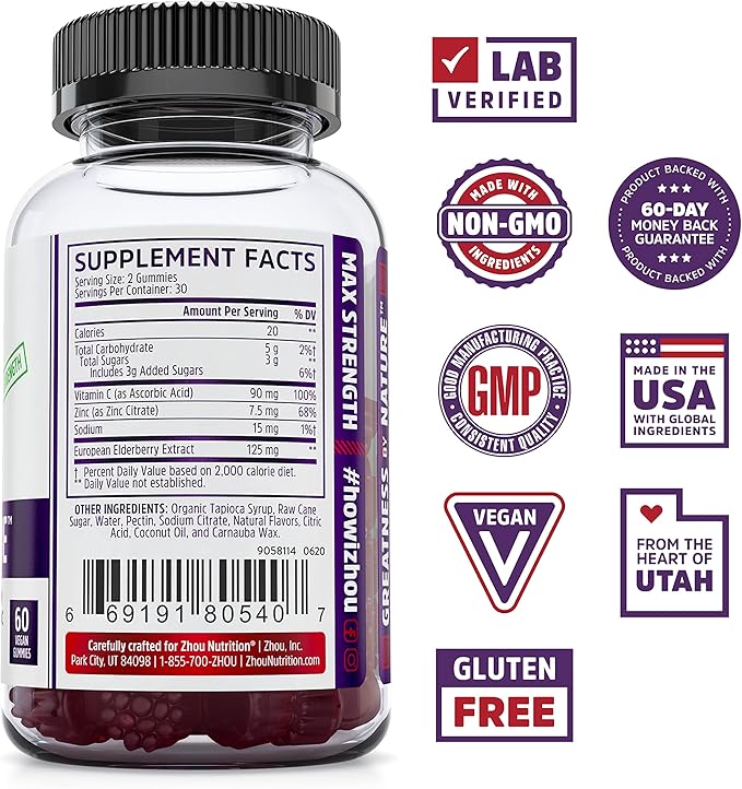 Zhou Nutrition Elder-Mune Sambucus Elderberry Gummies with Zinc and Vitamin C for Kids & Adults (Age 4+) Immune Support with Antioxidants, Vegan, Gluten Free, Non-GMO, 30 Servings, 60 Gummies