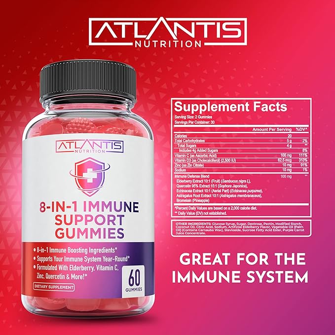 8-In-1 Immune Support Gummies w/ Elderberry - Immune Support Supplement Mix of Elderberry, Quercetin, Zinc & Vitamin C Gummies - Immune Boosters for Adults & Kids, Elderberry Gummies, Immunity Gummies
