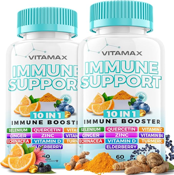 10-in-1 Immune System Support Booster with Elderberry, D3, Selenium, Quercetin, Zinc, Vitamin C, Ginger, Turmeric Curcumin, B6, Echinacea – Natural Immune Defense – Made in USA (60 Count (Pack of 2))