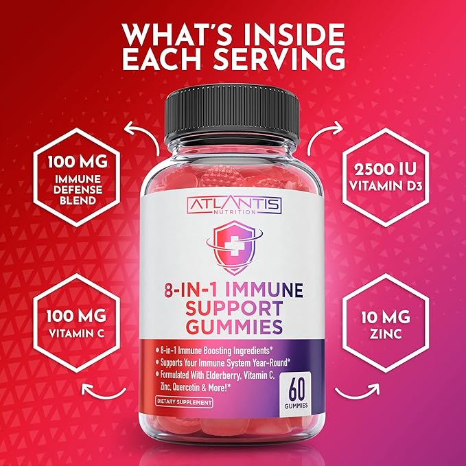 8-In-1 Immune Support Gummies w/ Elderberry - Immune Support Supplement Mix of Elderberry, Quercetin, Zinc & Vitamin C Gummies - Immune Boosters for Adults & Kids, Elderberry Gummies, Immunity Gummies