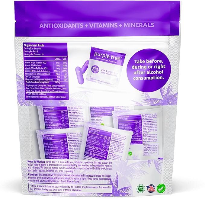 Purple Tree Post-Celebration Wellness | Liver Support, Hydration & Replenisher | Dihydromyricetin DHM, Milk Thistle, Electrolytes, Vitamins | Bachelorette & Bachelor Party Kits, 30 Packets (120 pills)