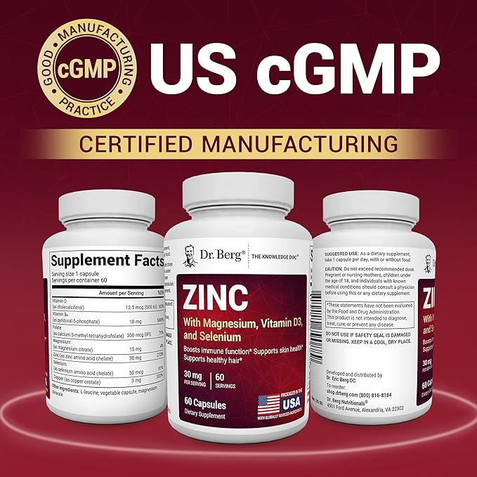 Dr. Berg Zinc 30mg Enhanced with Magnesium, Vitamin D3, Selenium, & Copper - Zinc Supplements for Men & Women - Chelated Zinc for Immune, Skin, Hair, & Nails Support* - 60 Capsules