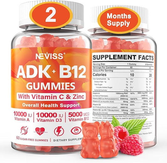 Methylated Multivitamin Women Men, Vitamin D3 K2 5000IU / 10,000IU, B12 5000 mcg 2500mcg, K2 (MK-7) 240mcg- ADK+Methyl Vitamin B12, Vegan D3,Vitamin A,C,Zinc Eye,Bone,Energy,Immune, Sugar-Free Gummies