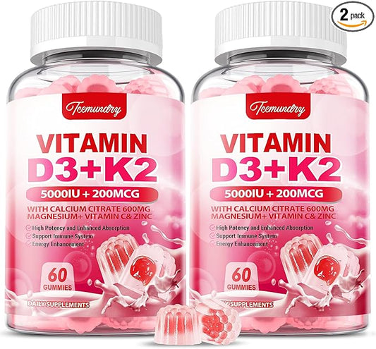 Vitamin D3 K2 Supplement for Adults - Vitamin D3 5000 IU + K2 200 mcg - Vit D3 K2 Gummies with Calcium 600mg Magnesium Zinc & Vitamin C for Women Men - Supports B0ne, Muscle Immune - 120 Count