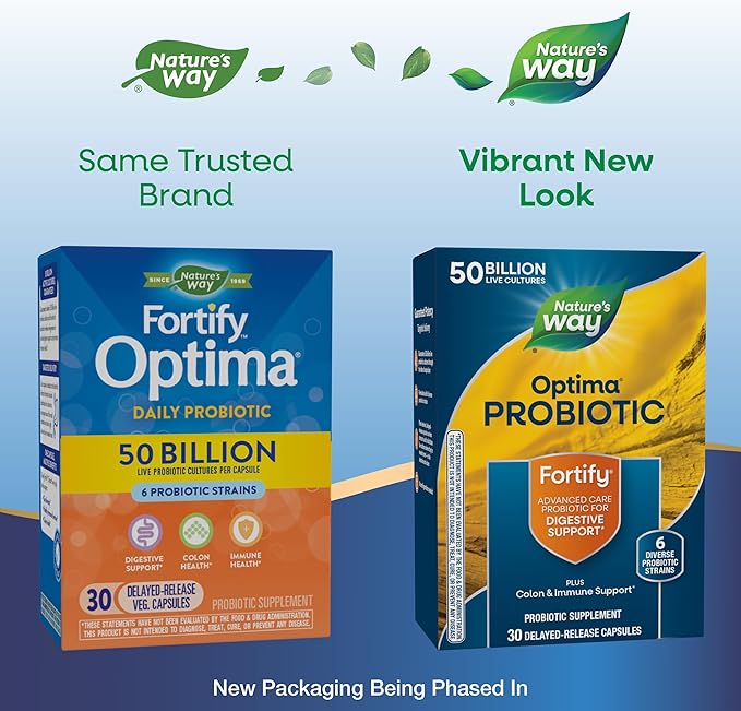 Nature's Way Fortify Optima Probiotic for Men and Women, 50 Billion Live Cultures, 6 Strains, Supports Digestive and Immune Health*, 30 Capsules (Packaging May Vary)