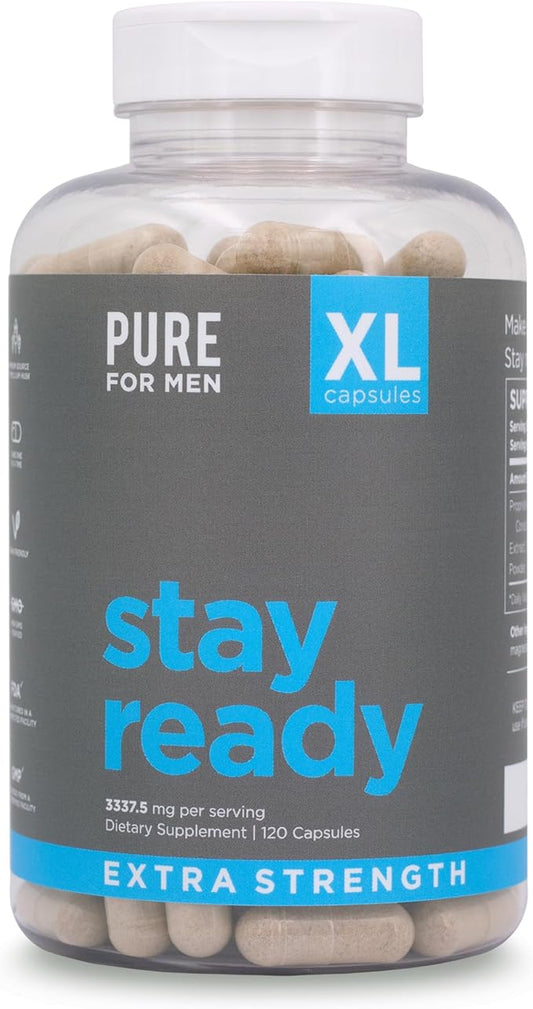 Pure for Men Stay Ready Fiber Extra Strength Supplement | Digestive Regularity | Bowel Movement & Gut Health Support | Vegan Cleanliness | Proprietary Formula | 120 Vegan XL Capsules
