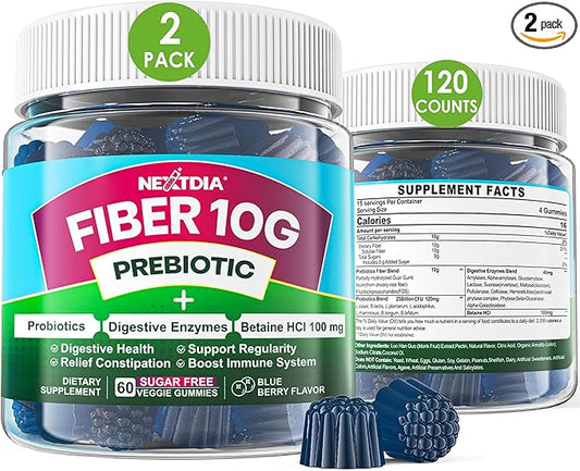 Fiber Gummies for Adults, Sugar Free 10g Prebiotic Fiber Supplement with Digestive Enzymes, Probiotics & 100mg Betaine for Digestive & Gut Health and Regulate Bowel Movement, Vegan, Gelatin Free,120ct