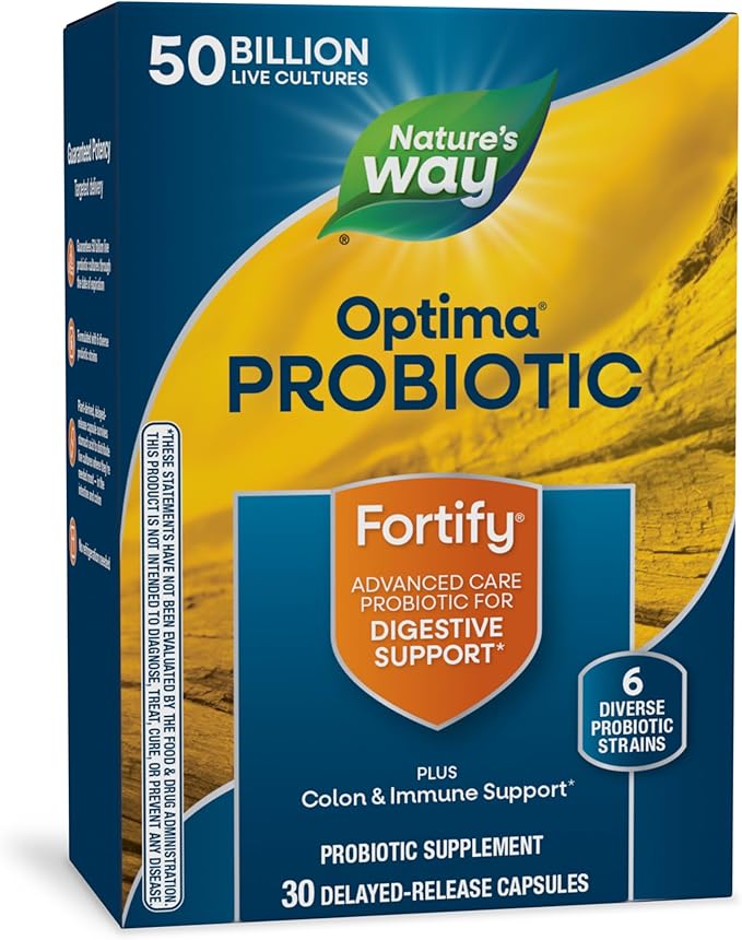 Nature's Way Fortify Optima Probiotic for Men and Women, 50 Billion Live Cultures, 6 Strains, Supports Digestive and Immune Health*, 30 Capsules (Packaging May Vary)