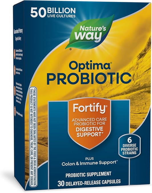 Nature's Way Fortify Optima Probiotic for Men and Women, 50 Billion Live Cultures, 6 Strains, Supports Digestive and Immune Health*, 30 Capsules (Packaging May Vary)