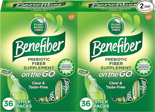 Benefiber On The Go Prebiotic Fiber Supplement Powder for Digestive Health, Daily Powder, Unflavored Stick Packs - 36 Sticks (Pack of 2)