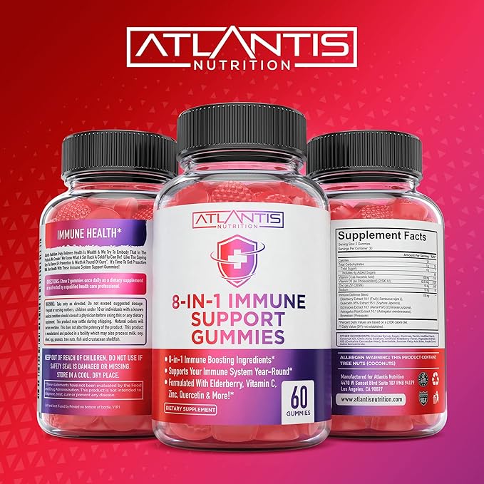 8-In-1 Immune Support Gummies w/ Elderberry - Immune Support Supplement Mix of Elderberry, Quercetin, Zinc & Vitamin C Gummies - Immune Boosters for Adults & Kids, Elderberry Gummies, Immunity Gummies