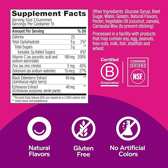 OLLY Immunity Gummy, Immune Support, Elderberry, Zinc, Vitamin C, Supplement, Berry Flavor, 15 Day Supply - 45 Count