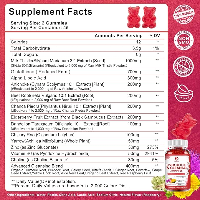 Liver Cleanse Detox & Repair Gummies - 24 Potent Herb w/3000MG Milk Thistle Silymarin, Dandelion, Artichoke Extract & Elderberry - No Sugar, Raspberry Flavor - 90 Count