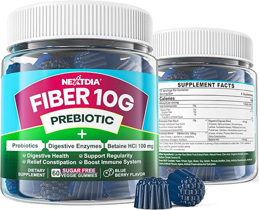 Fiber Gummies for Adults, Sugar Free 10g Prebiotic Fiber Supplement with Digestive Enzymes, Probiotics & 100mg Betaine for Digestive & Gut Health and Regulate Bowel Movement, Vegan, Gelatin Free, 60ct