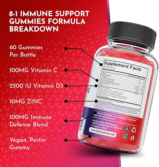 8-In-1 Immune Support Gummies w/ Elderberry - Immune Support Supplement Mix of Elderberry, Quercetin, Zinc & Vitamin C Gummies - Immune Boosters for Adults & Kids, Elderberry Gummies, Immunity Gummies
