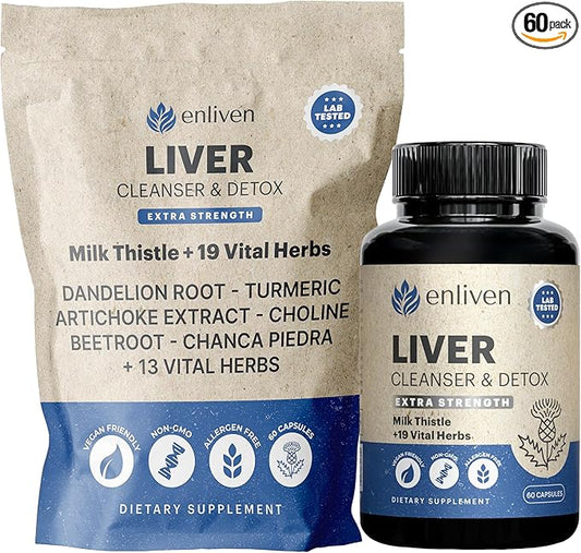 enliven Liver Cleanse Detox & Repair Supplement | Supports Liver Health with Milk Thistle, Dandelion Artichoke | Non-GMO Fatty Liver Support - Men & Women | Made in The USA (60 Capsules)