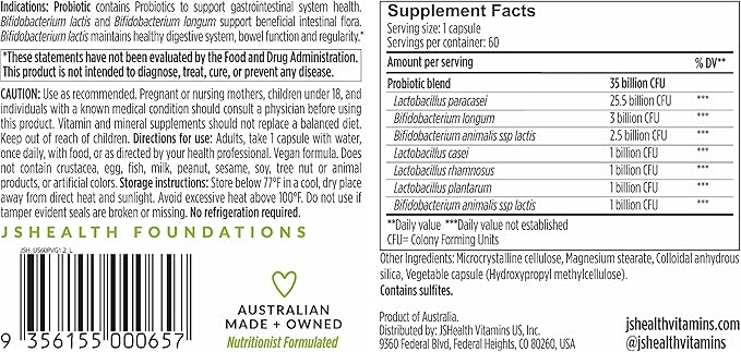 JSHealth Vitamins Gut Health and Immunity Formula | Probiotics for Women and Men | Shelf Stable Probiotic Supplement for Digestive Health and Immune Support (60)