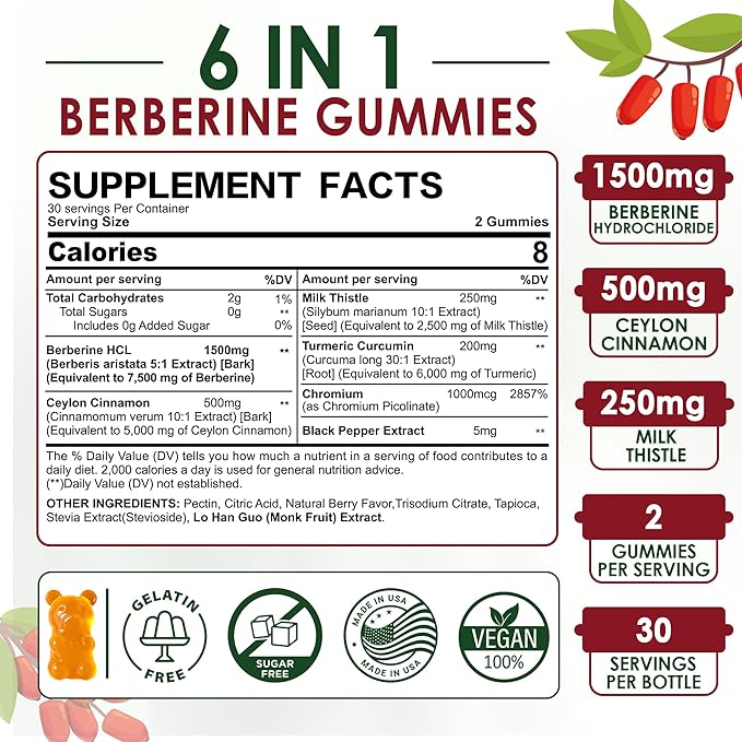 2 Pack - Berberine Gummies 1500mg Sugar Free, Organic Berberine Supplement w/Ceylon Cinnamon, Chromium, Turmeric, Milk Thistle for Metabolism, Berberine HCl from Indian Barberry Extract, Vegan