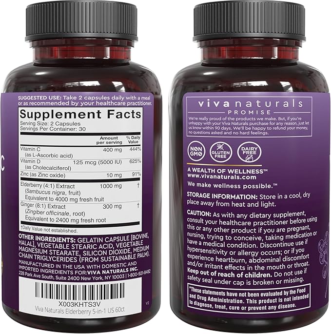 Viva Naturals Sambucus Elderberry with Zinc and Vitamin C for Adults, Vitamin D 5000 IU and Ginger - Immune Support Supplement, 60 Count - Black Dried Elderberry Capsules for Adults