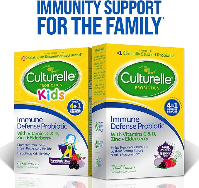 Culturelle Immune Defense Probiotic with Vitamin C, Vitamin D and Zinc + Elderberry, Non-GMO, 4-in-1 Immune Support for Kids Ages 3+*, Mixed Berry Chewables, 60 Count
