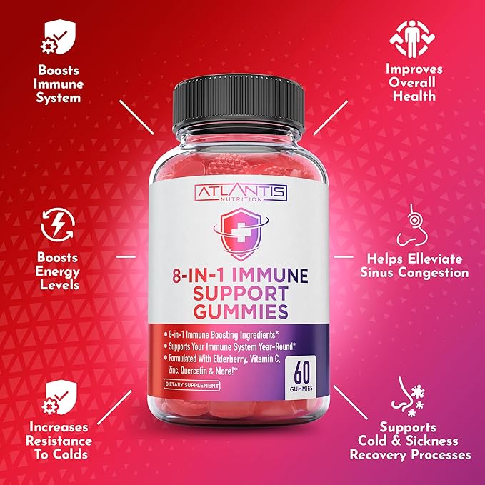 8-In-1 Immune Support Gummies w/ Elderberry - Immune Support Supplement Mix of Elderberry, Quercetin, Zinc & Vitamin C Gummies - Immune Boosters for Adults & Kids, Elderberry Gummies, Immunity Gummies