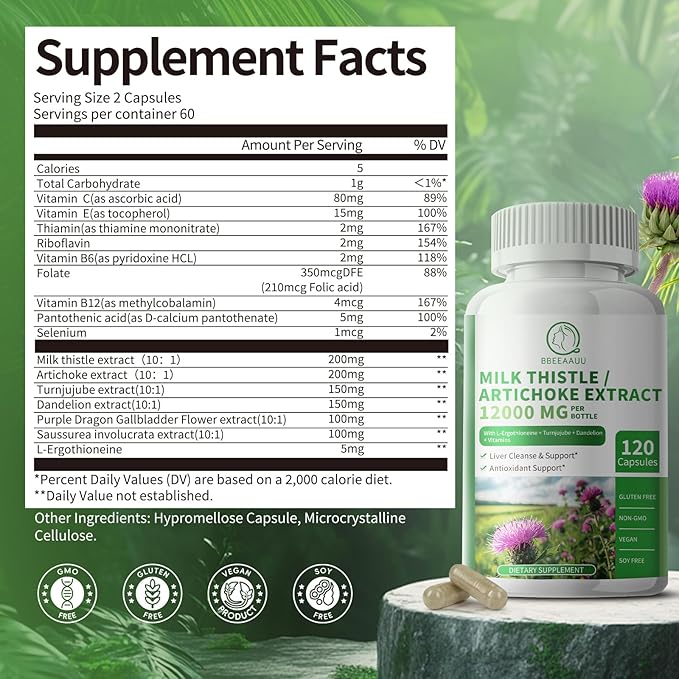Liver Cleanse Detox & Repair Formula, 16-in-1 Herbal Liver Support Supplement with L-Ergothioneine, Milk Thistle, Artichoke, Turnjujube Dandelion Extract for Liver & Antioxidant 120 Capsules