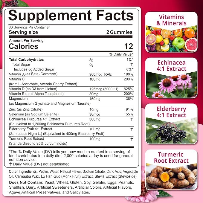 10 in 1 Daily Multivitamin Gummies Immune Boosters for Adults, w/Magnesium, Vitamin D3 5000IU, Elderberry, Echinacea, Vitamin C, Zinc & Selenium, Energy, Respiratory & Cellular Health Support, 60Cts