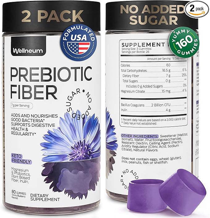 High Prebiotic Fiber Gummies for Women and Men 7G per Serving - Fiber Gummy Supplement for Digestive Support - Fiber Chews with Magnesium Citrate, Inulin, Probiotic - No GMO, Sugar Free - 160 pcs
