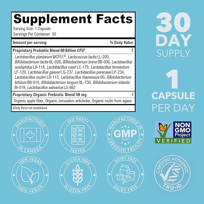 Extra Strength Probiotic for Digestive Health and Immune Support, 60 Billion CFU & 15 Strains, Gut Health Probiotics for Men and Women Supports Occasional Constipation, Diarrhea, Gas & Bloating, 30CT