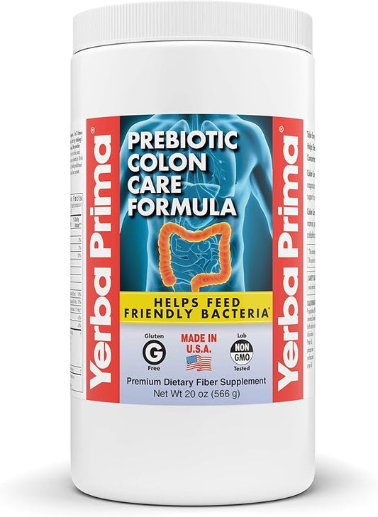Yerba Prima Prebiotic Colon Care Formula, 20 oz Powder with FOS - Natural Psyllium Fiber, Magnesium, Selenium - Non-GMO, Gluten Free, Vegan Daily Supplement - for Men & Women