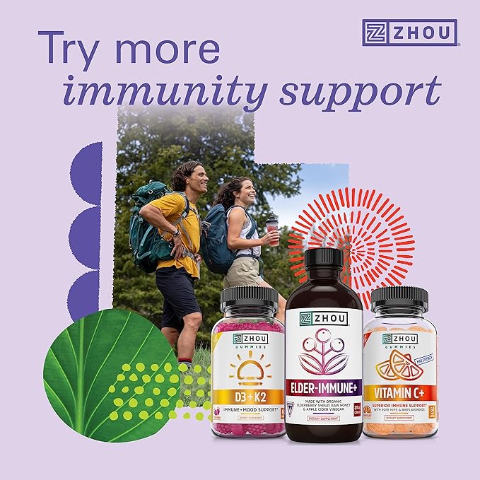 Zhou Nutrition Elder-Mune Sambucus Elderberry Gummies with Zinc and Vitamin C for Kids & Adults (Age 4+) Immune Support with Antioxidants, Vegan, Gluten Free, Non-GMO, 30 Servings, 60 Gummies